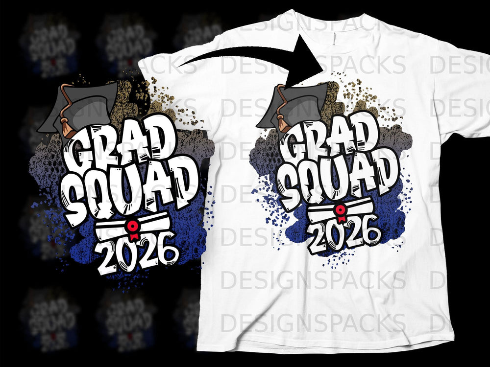 Grad Squad 2026 graphic with graduation cap and diploma on a white t-shirt.