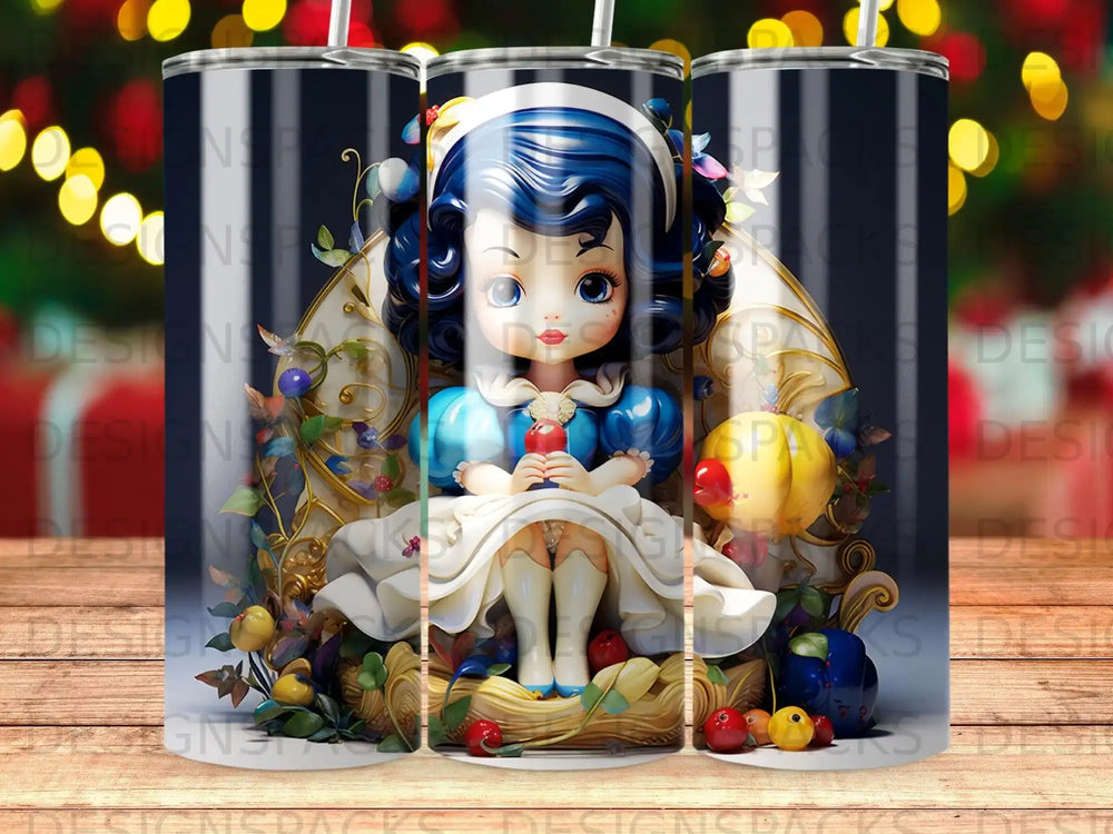 Snow White character with apples and birds, surrounded by foliage, on a tumbler.