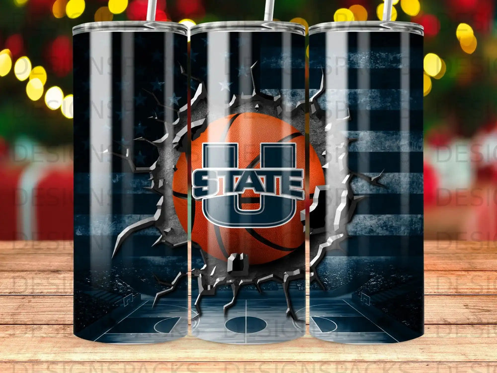 Basketball with "STATE" logo bursting through American flag over basketball court.