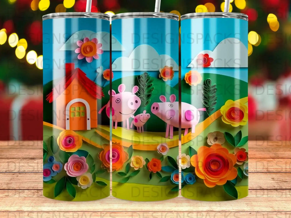 Peppa Pig and family on a colorful floral background with a house.