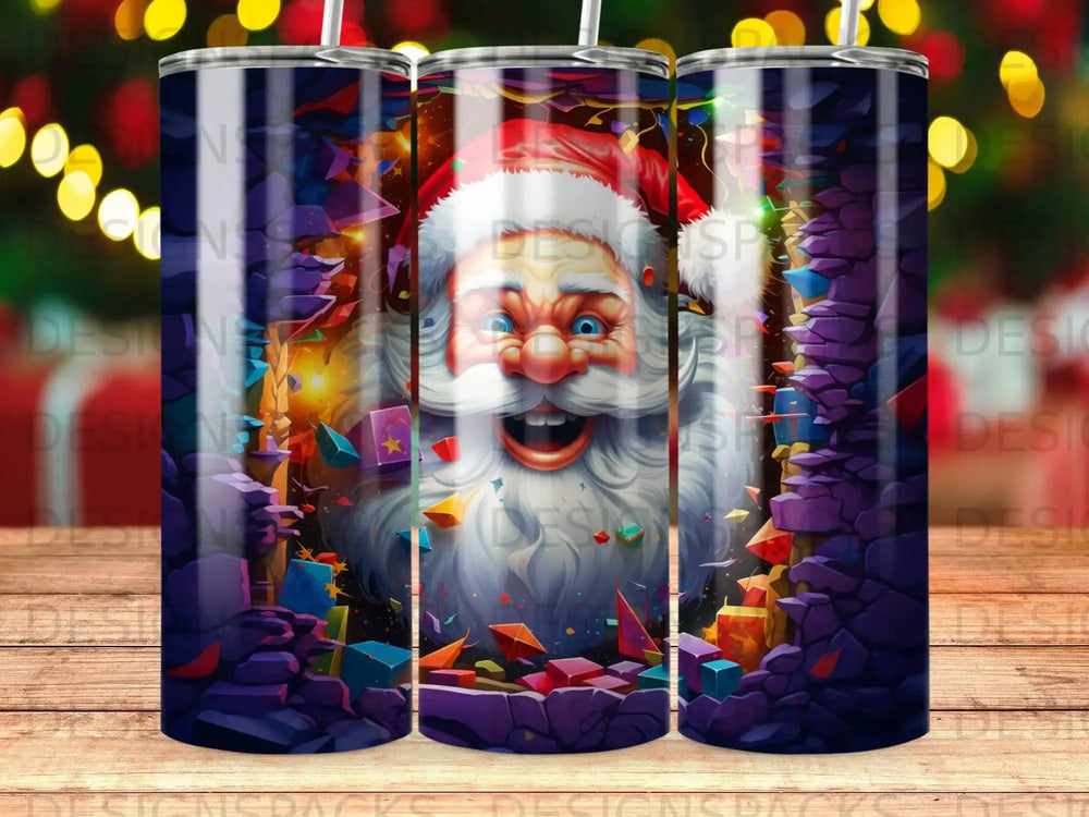 Santa Claus bursting through a wall of colorful gifts and lights.