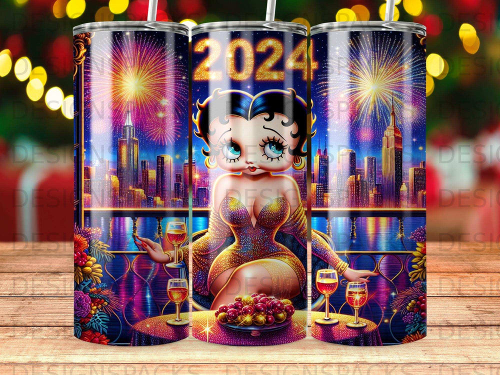 Betty Boop in sparkly dress with New Year's Eve fireworks and skyline.