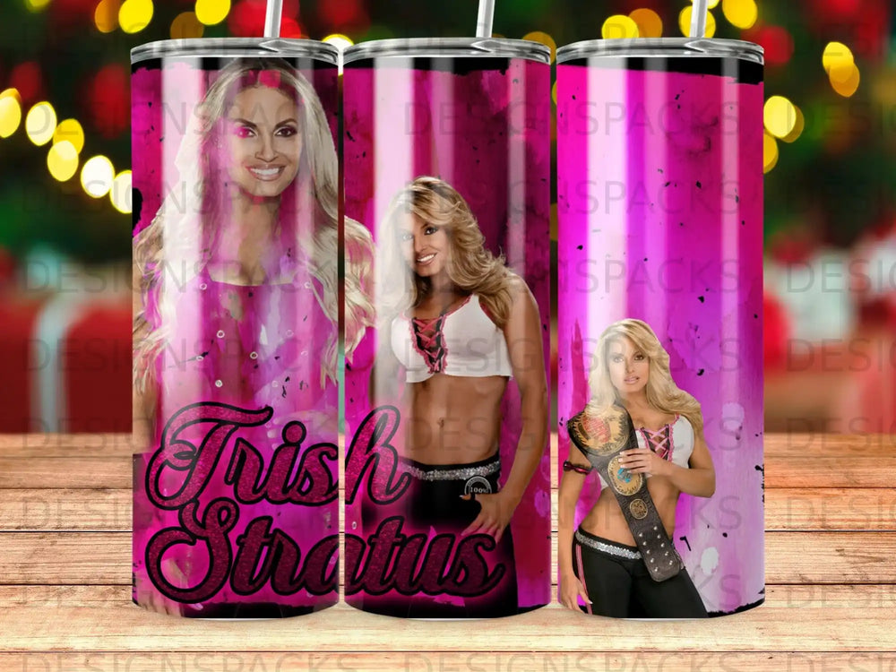 Trish Stratus in wrestling gear holding a championship belt on a tumbler.
