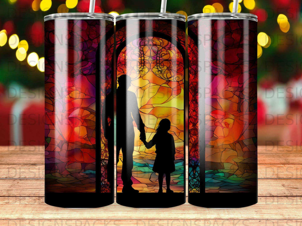 Stained glass silhouette of a father and daughter holding hands.