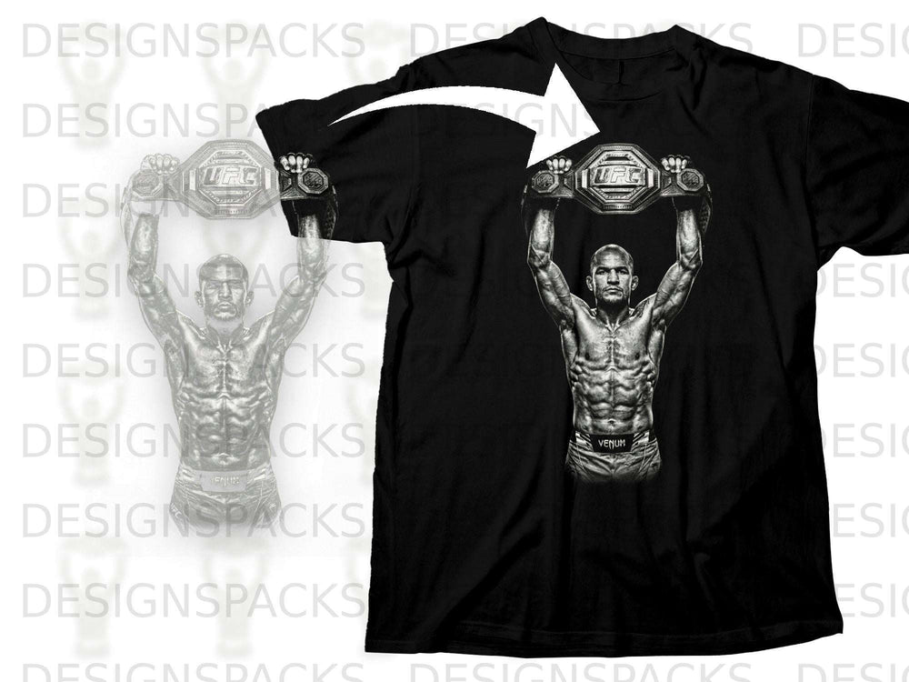 Black t-shirt featuring an illustration of a muscular fighter holding up a UFC championship belt.