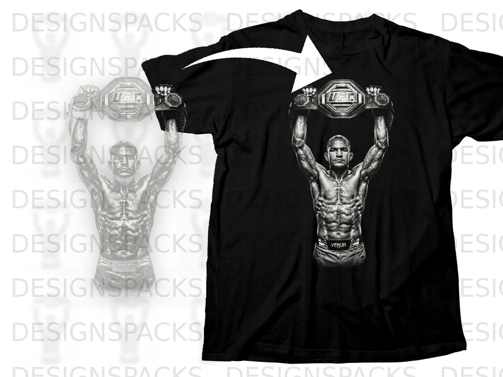 Black t-shirt featuring an illustration of a muscular fighter holding up a UFC championship belt.