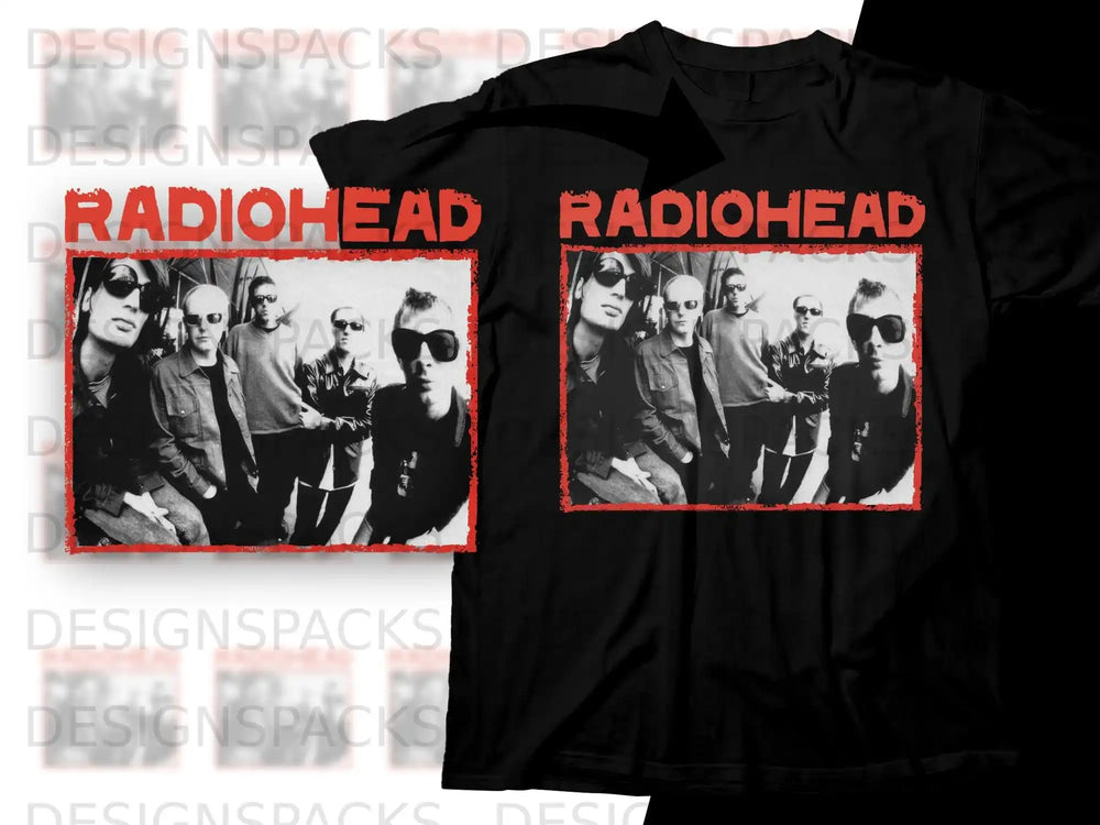 Radiohead band members posed for a black and white album cover with red text.