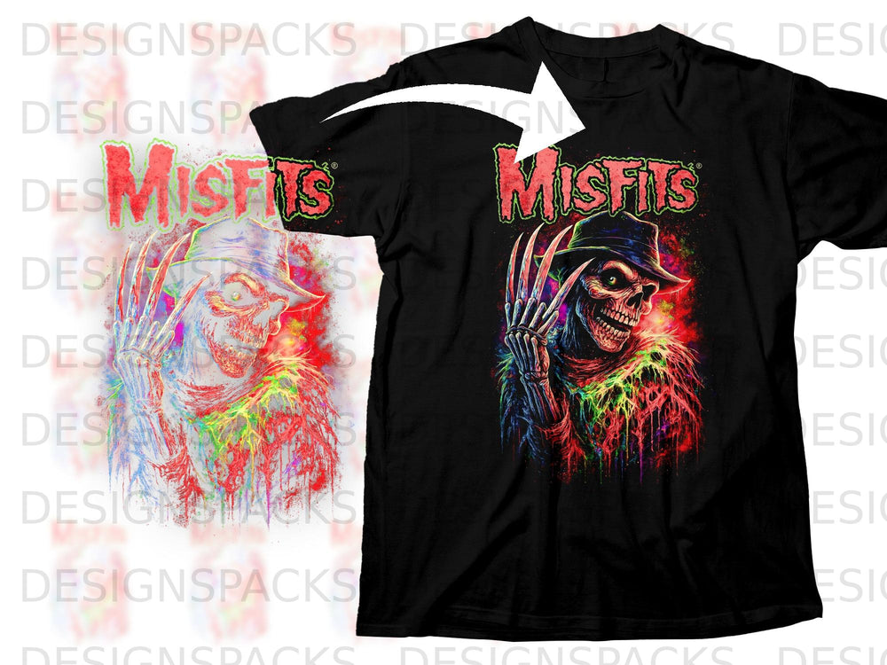 Black t-shirt with Misfits logo and a skeleton in a hat with sharp fingers.