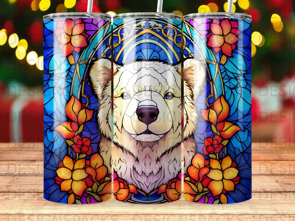 White bear with stained glass and floral accents on a blue background.