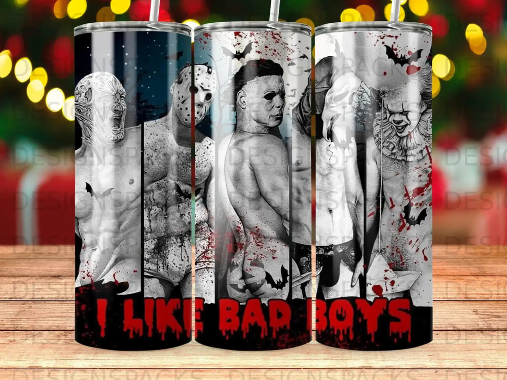 Collection of horror movie villains on a tumbler, with "I LIKE BAD BOYS" text.