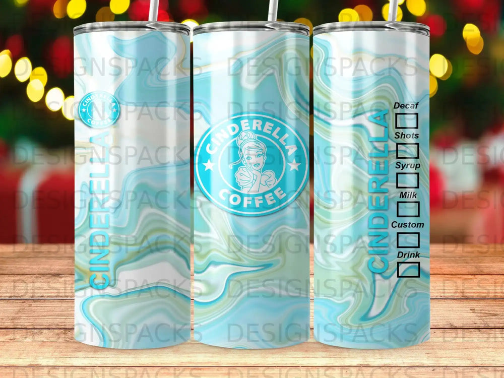 Cinderella coffee tumbler with blue and white wavy design and text labels.