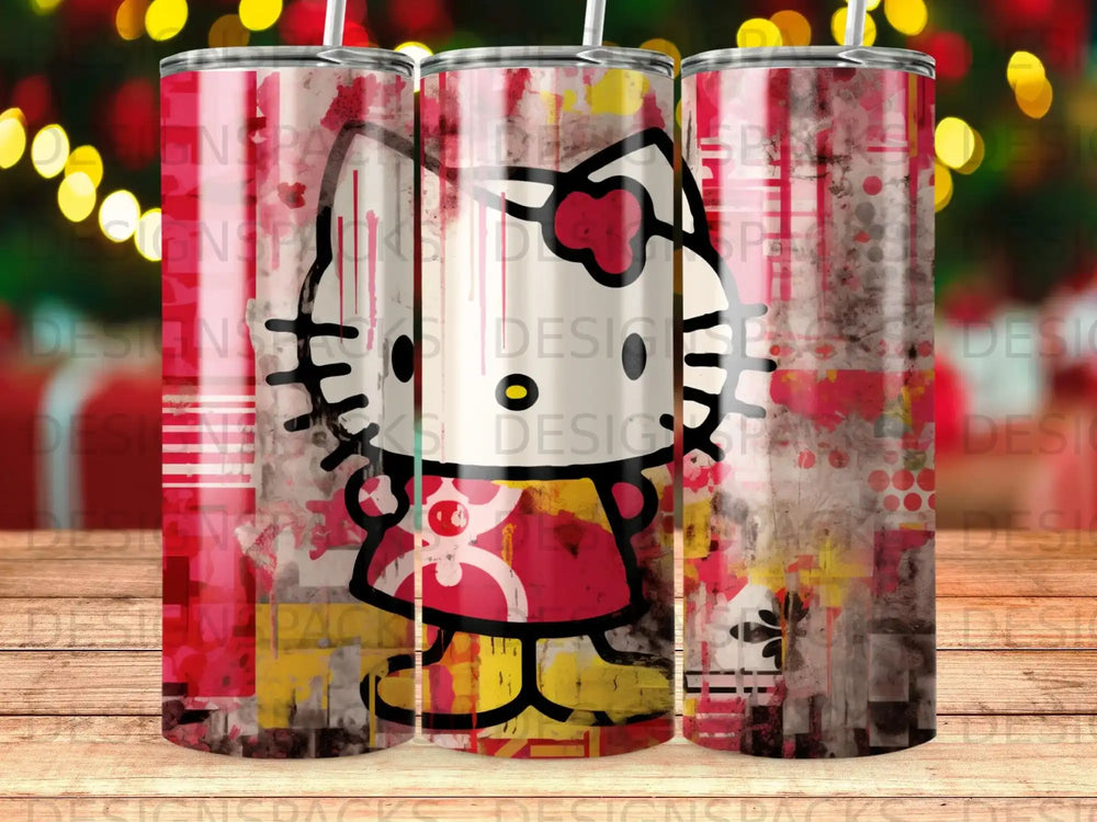 Hello Kitty tumbler with abstract red, white, and yellow grunge background.