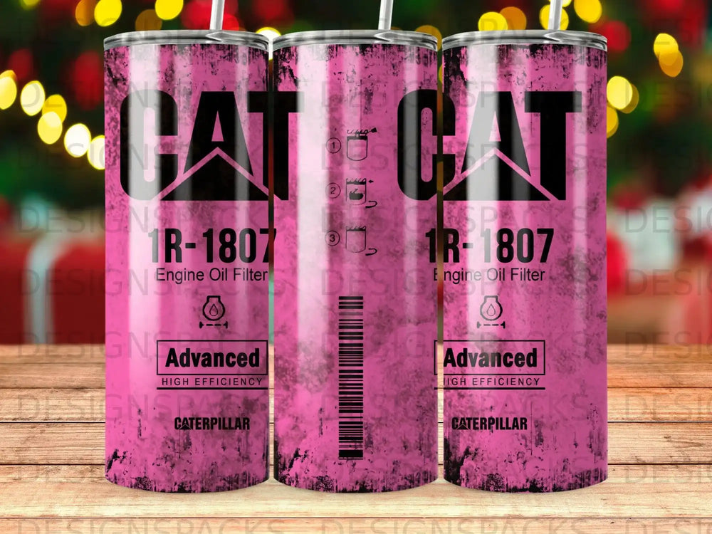Caterpillar "CAT" engine oil filter tumbler with pink background design.