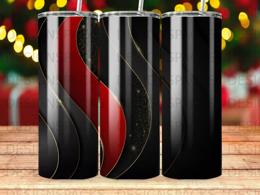 Black tumbler with red and gold abstract stripe design.