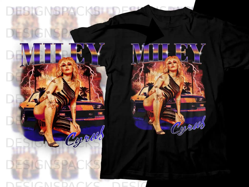 Miley Cyrus graphic t-shirt with woman crouching beside a car.