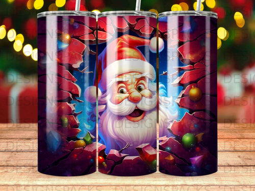 Santa Claus face bursting through a cracked wall with Christmas lights.