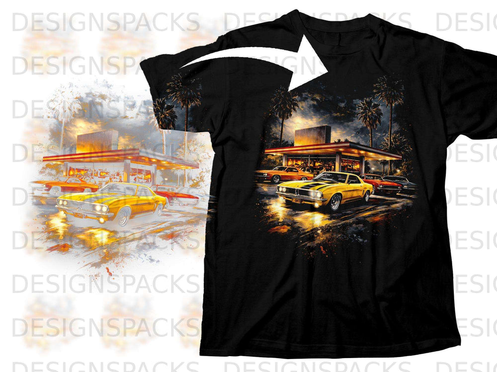 Yellow muscle cars at a retro diner at night with palm trees and fireworks.