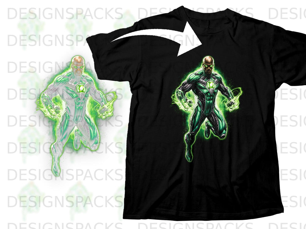 Black t-shirt with Green Lantern graphic on chest.
