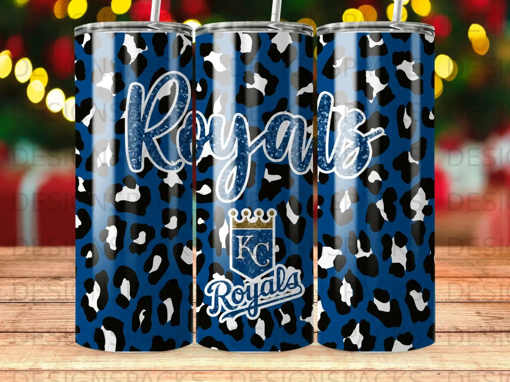 Kansas City Royals leopard print tumbler with blue background.