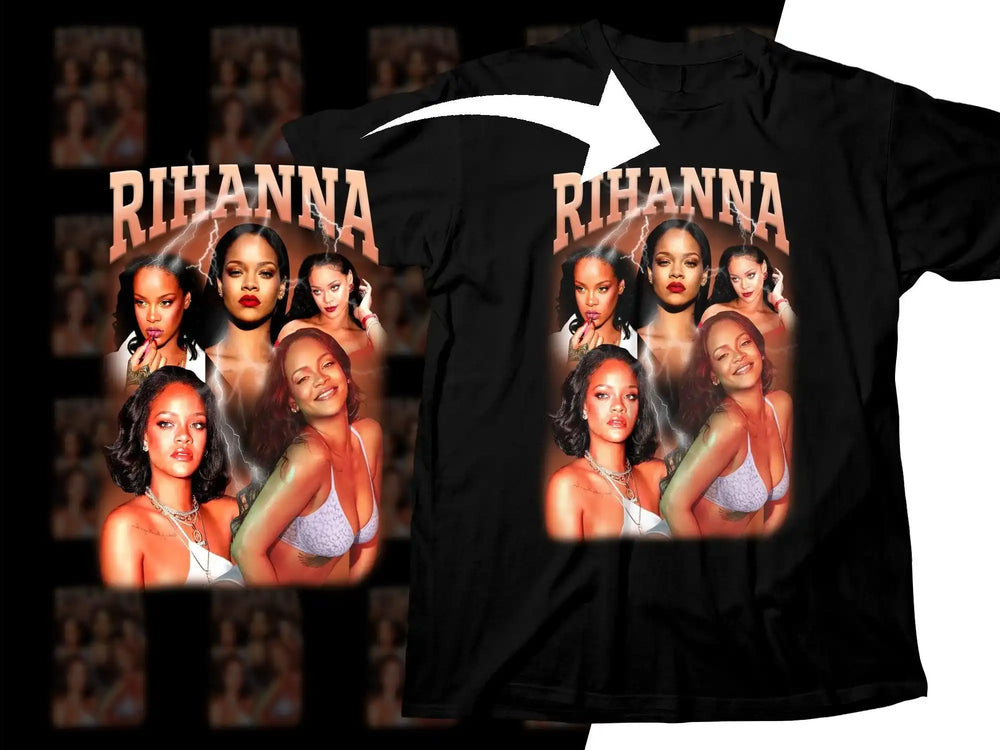 Rihanna collage t-shirt design with lightning effects and multiple poses