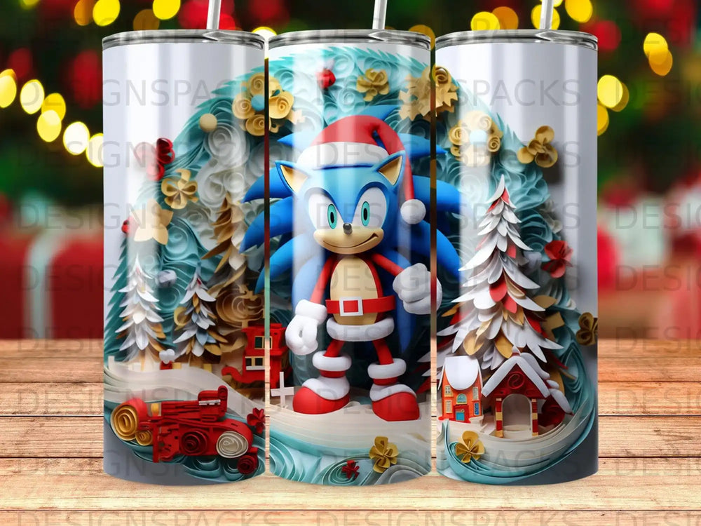 Sonic the Hedgehog in Santa outfit with Christmas trees and houses.
