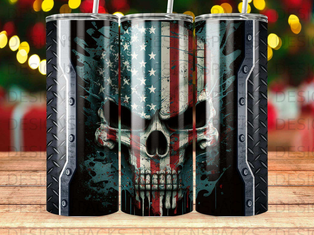 Skull with American flag motif on a textured background.