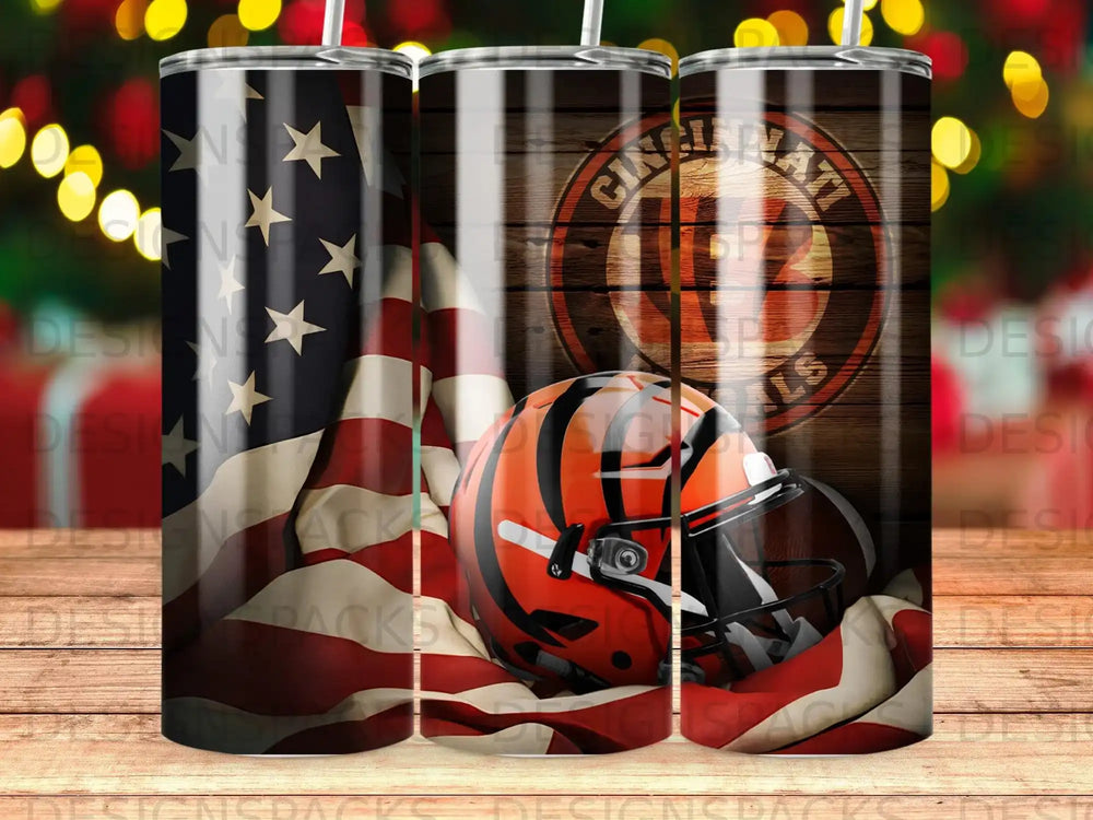 Cincinnati Bengals helmet and American flag on wood grain background.