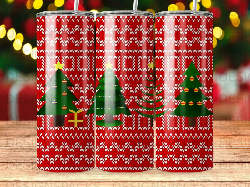 Red and white knit pattern tumbler with green Christmas trees.