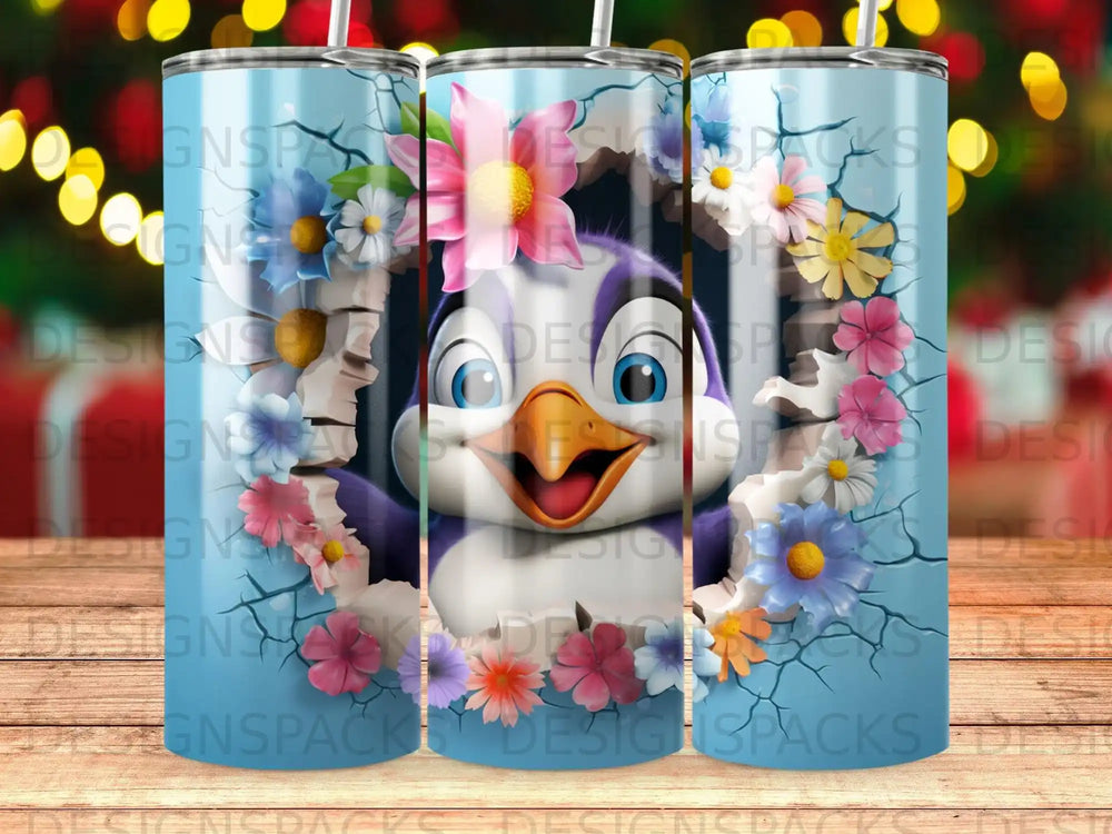 Cartoon penguin surrounded by colorful flowers emerging from a cracked surface.
