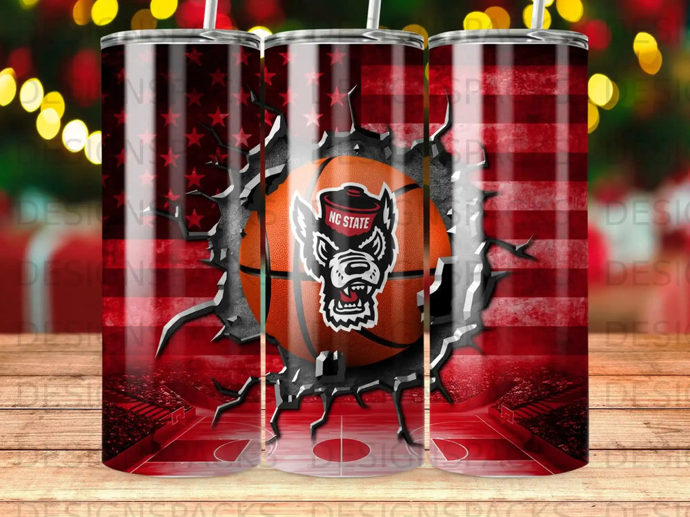 NC State Wolfpack basketball mascot on a cracked American flag tumbler.
