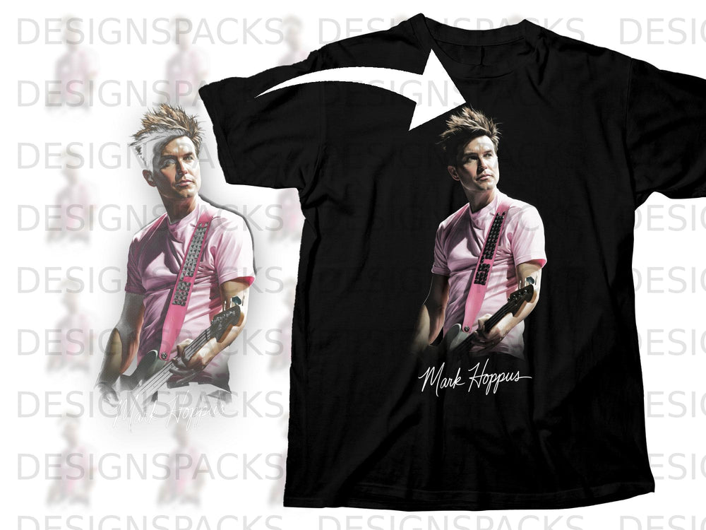 Black t-shirt with Mark Hoppus graphic and white arrow accent.