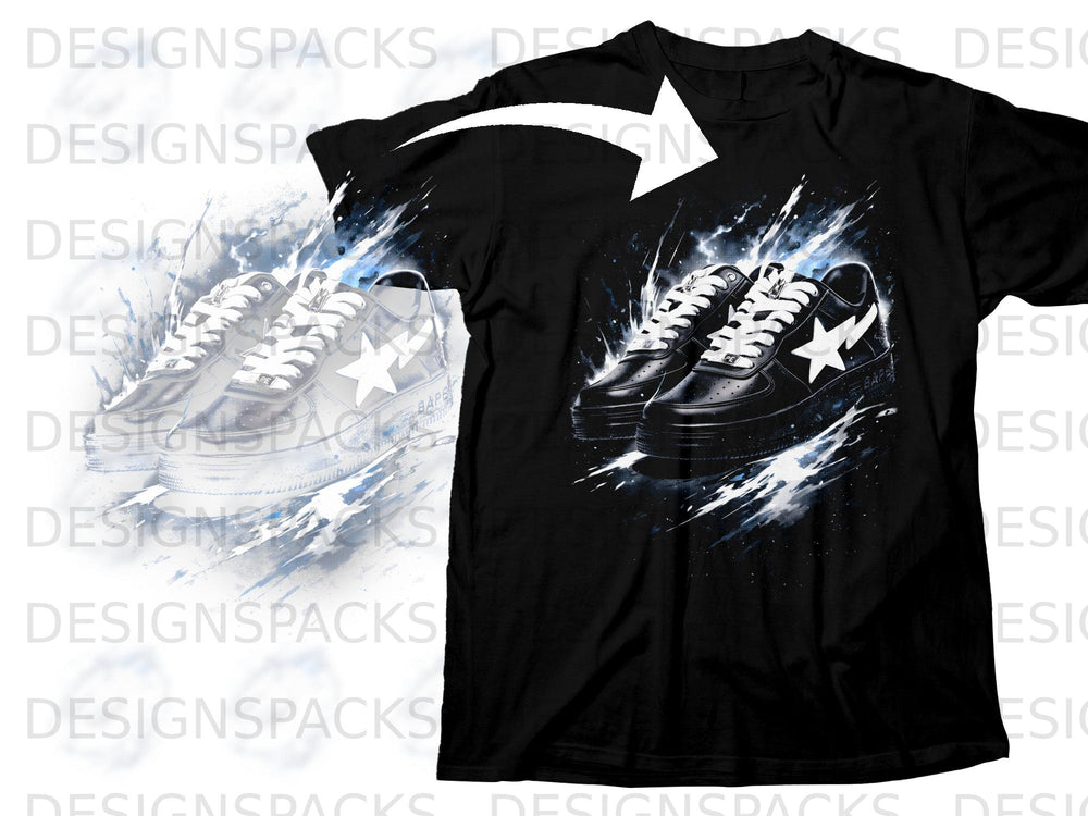 Black t-shirt featuring a graphic of black sneakers with white laces and a white star.