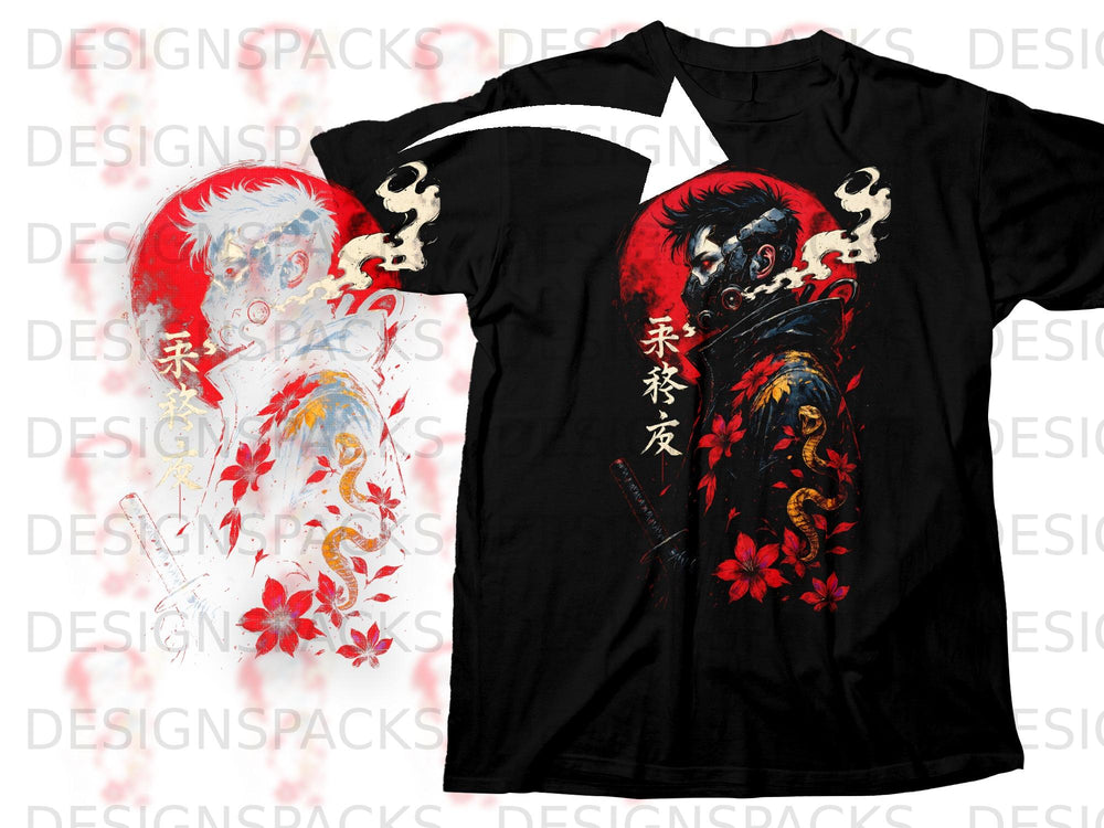 Black t-shirt featuring a striking anime-style graphic of a masked man with a red background.