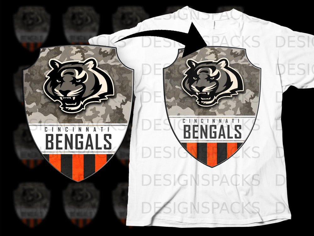 Cincinnati Bengals shield logo with tiger head and camouflage pattern on white t-shirt.