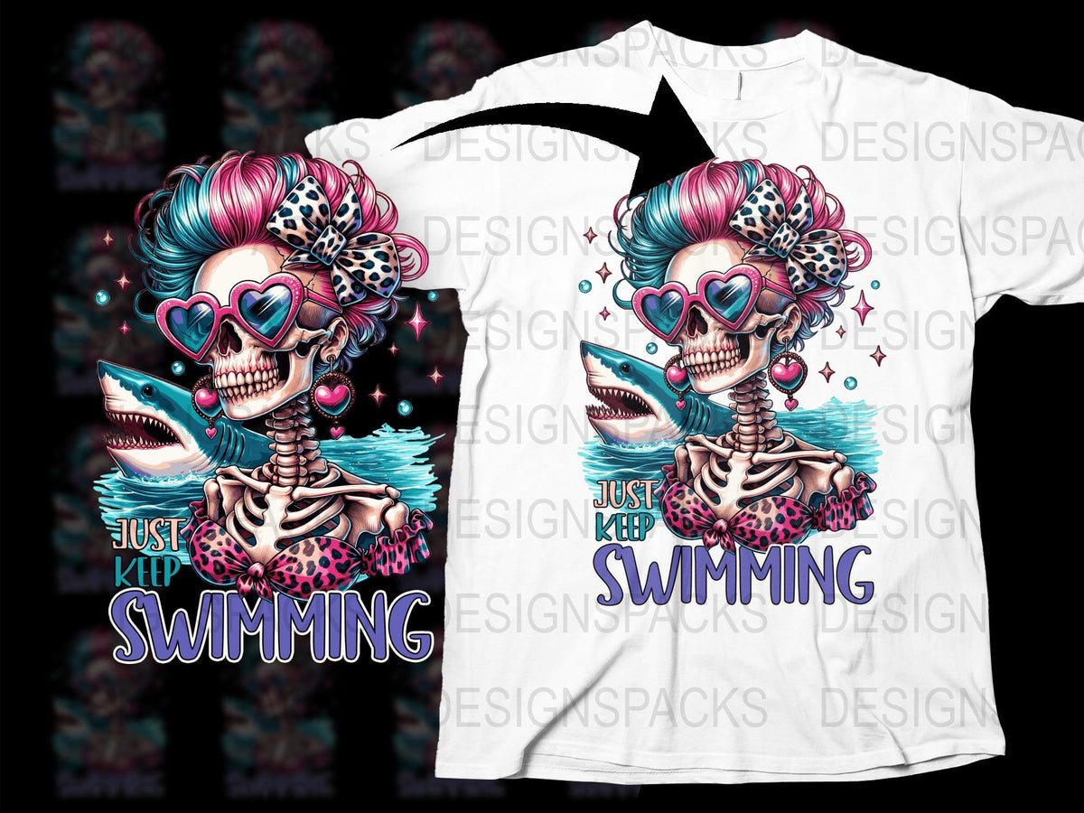 Just Keep Swimming T-Shirt, Skeleton Mermaid Graphic, Colorful Punk Style, Unique Nautical Design Tee