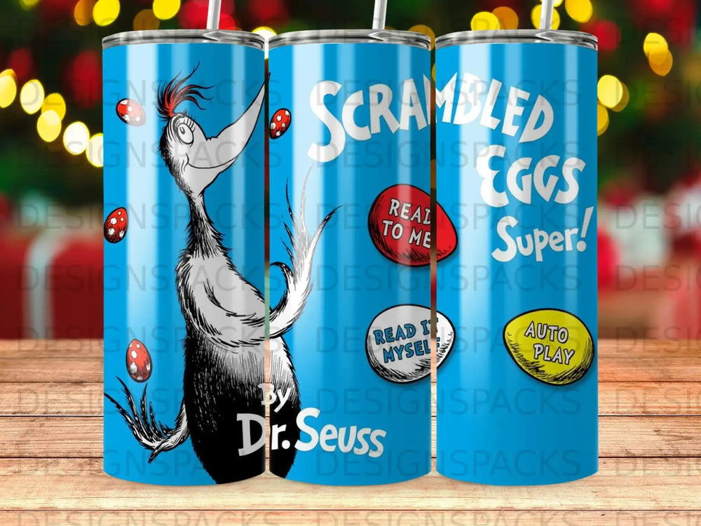 Dr. Seuss scrambled eggs design on a blue tumbler with "Real to Me" and "Auto Play".