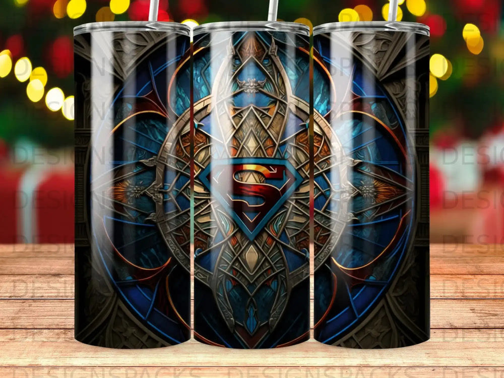 Superman logo on a stained-glass, gothic-style tumbler design.