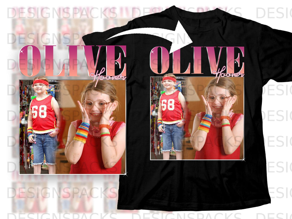 Black t-shirt with "OLIVE Hoover" text and two images of a young girl.