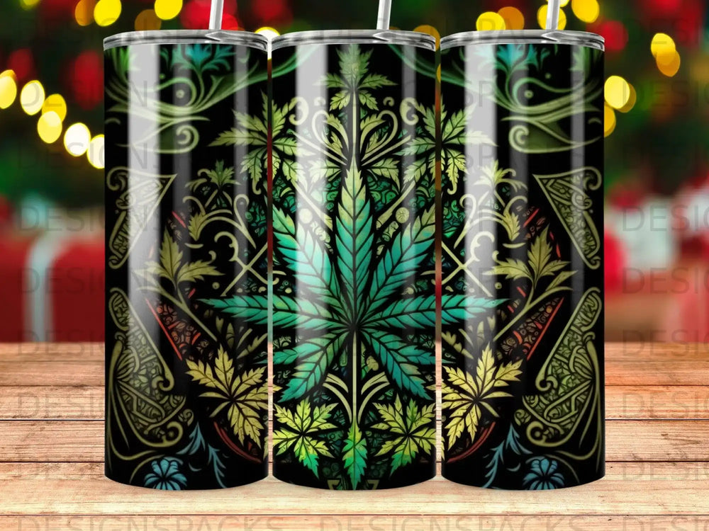 Green cannabis leaf design on a dark background with ornate patterns.