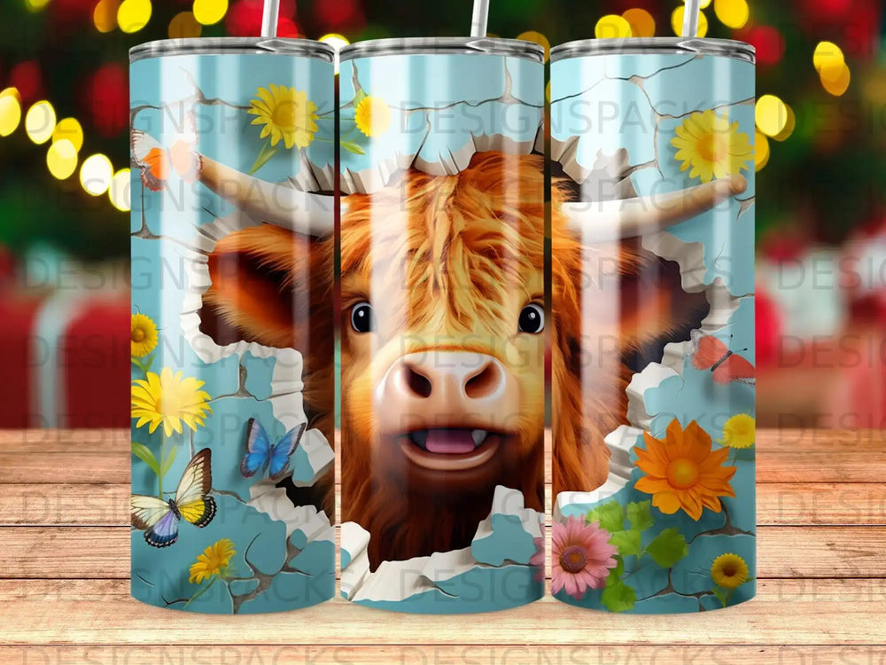 Highland cow with flowers and butterflies breaking through blue background.