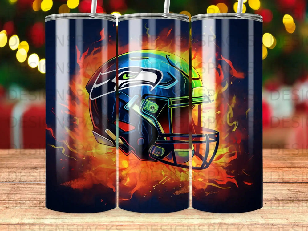 Seattle Seahawks helmet with fiery background and holiday lights.