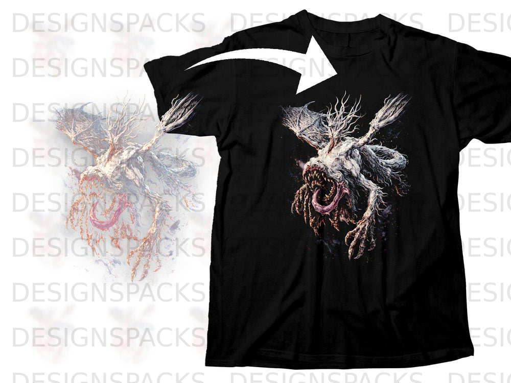 Black t-shirt with a white and red monstrous creature graphic.