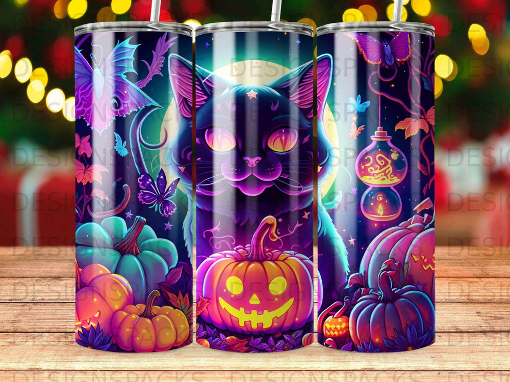 Black cat and pumpkins with glowing eyes and butterflies, Halloween theme.