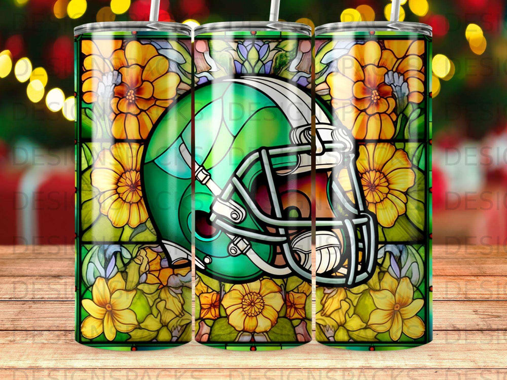 Green football helmet with floral stained glass background.