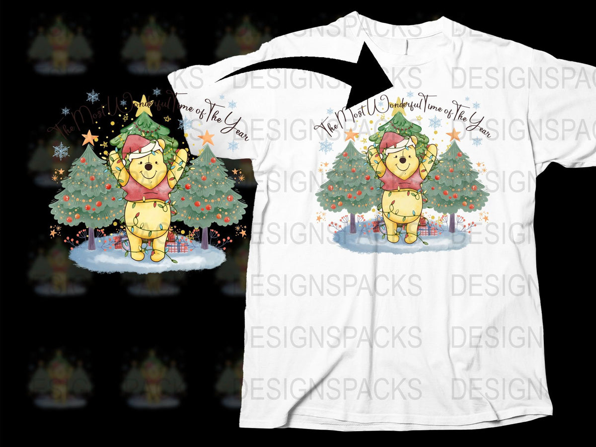 Cute Christmas T-Shirt With Cartoon Bear and Trees, Festive Holiday Graphic Tee for All Ages