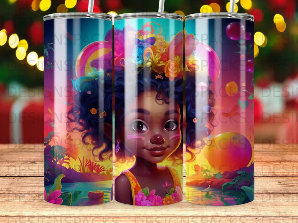 Young Black girl with colorful curly hair, wearing an orange and yellow outfit.