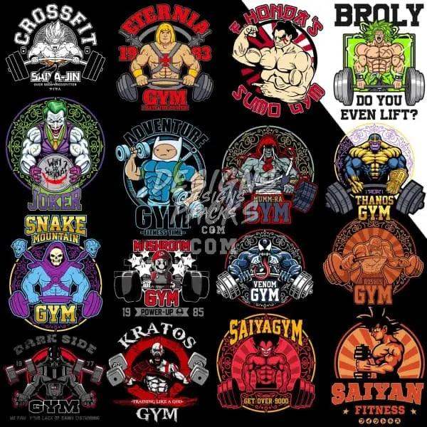 Gym & fitness t-shirt designs featuring superhero and anime characters, print-ready for DTF, DTG, embroidery