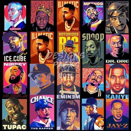 Vibrant hip hop artist portraits, print-ready PNG designs for DTF, DTG, embroidery, tumbler wraps