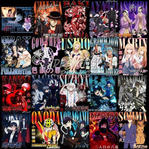 Anime character designs for DTF DTG print bundles, featuring popular series art in PNG SVG formats