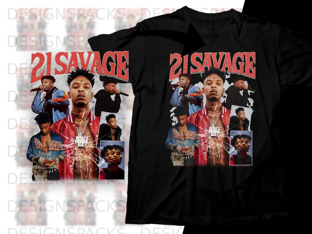 21 Savage graphic tee with artist portrait and collage.